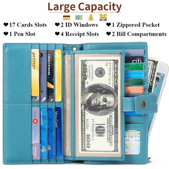 Wallet RFID Blocking Leather Wallets Credit Card Organizer with Checkbook Holder - Picture 2 of 7